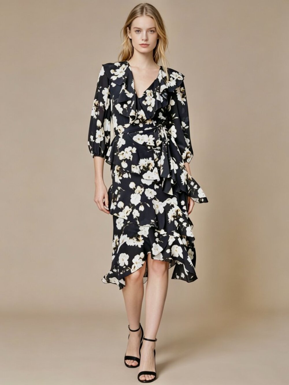 NWOT Alice+Olivia Ruffle Floral Print Black and White Midi Dress 10
